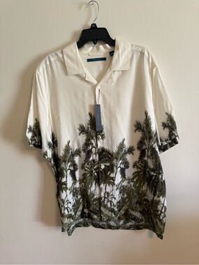 Perry Ellis Cream Short-Sleeve Button-Down Shirt with Olive Palm Print